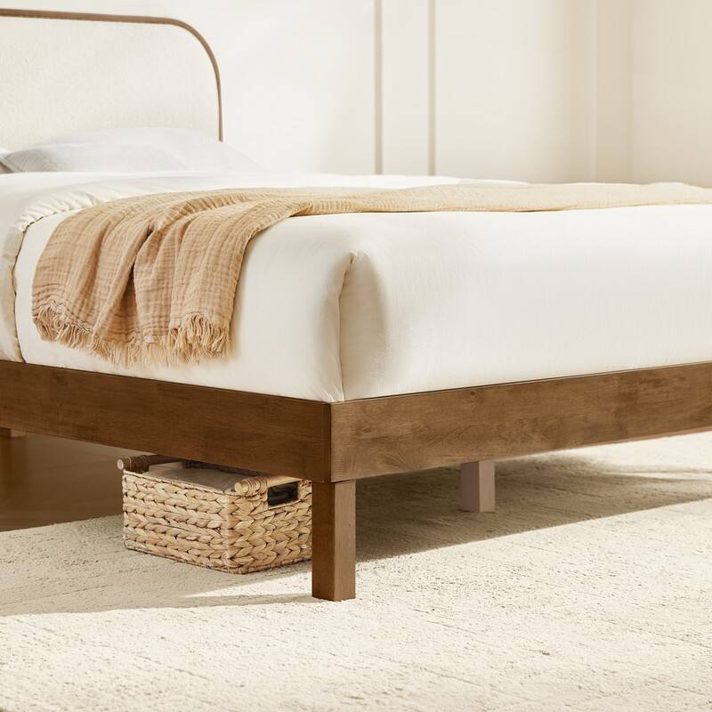 Spruce & Spring Modern Round Boucle Upholstered Platform Bed with Solid Wood Frame