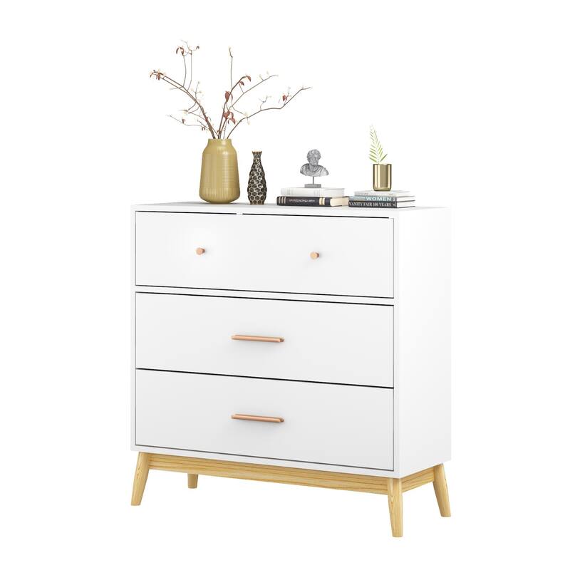 Nordic Style 3-Drawer Storage Cabinet, Modern White Chest of Drawers with Rose Gold Handles & Solid Wood Base