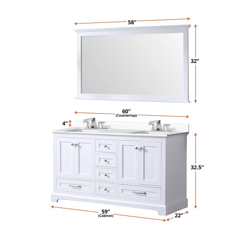 Dukes 60 in. W x 22 in. D White Double Bath Vanity, Cultured Marble Top, and 58 in. Mirror