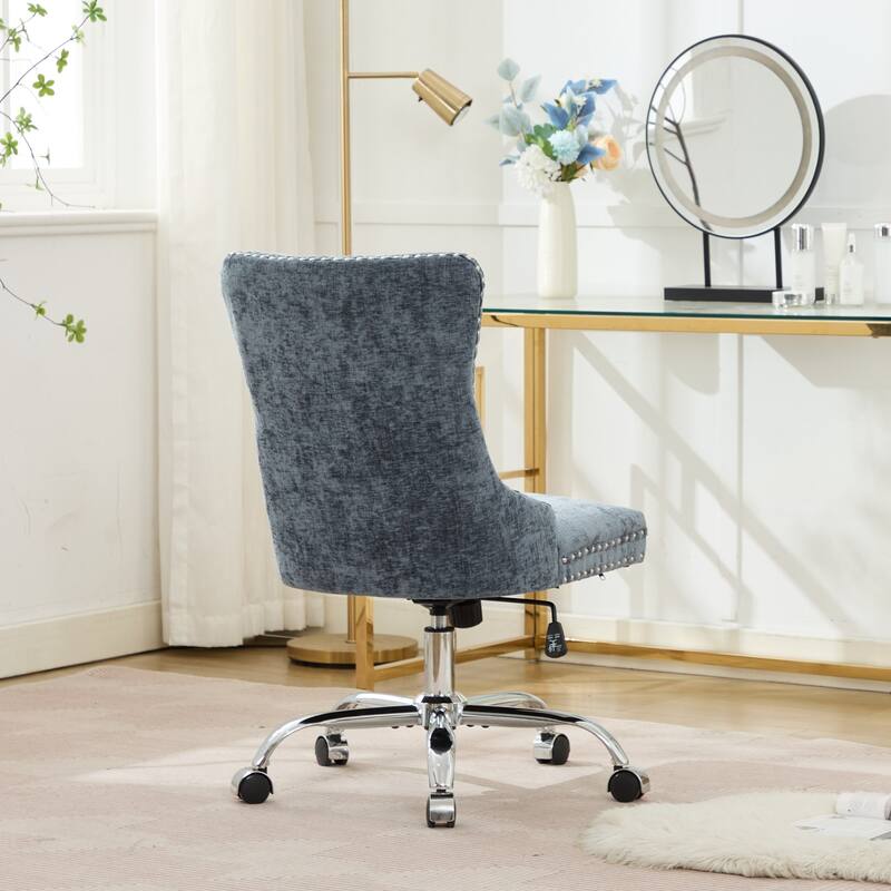 Chenille Upholstered Swivel Office Chair, Tufted Button Home Office Chair, Adjustable Vanity Chair with Metal Base