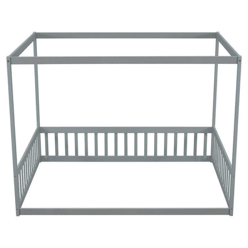 Full Size Wood Canopy Bed with Guardrails,Floor Bed For Kids