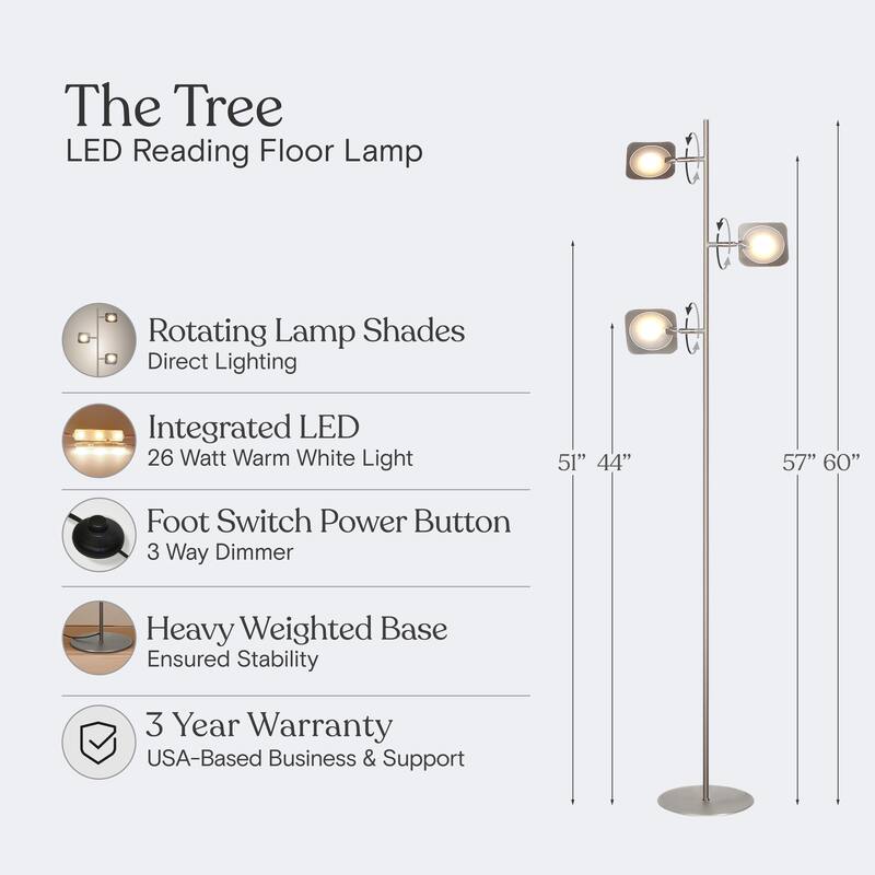 Brightech Tree 60 in. Brushed Nickel Industrial 3-Light 3-Way Dimming LED Floor Lamp with 3 Adjustable Spot Lights