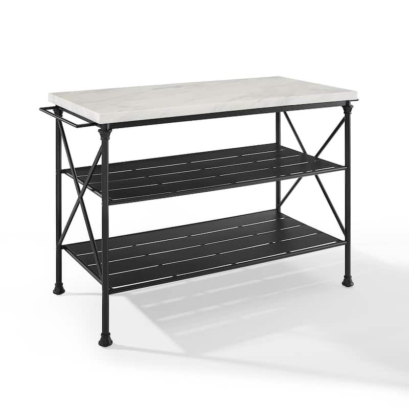 Industrial Style Matte Black Kitchen Island with Open Metal Shelves, Spacious Countertop, and Dining Space Option