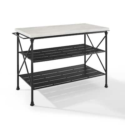 Industrial Style Matte Black Kitchen Island with Open Metal Shelves, Spacious Countertop, and Dining Space Option