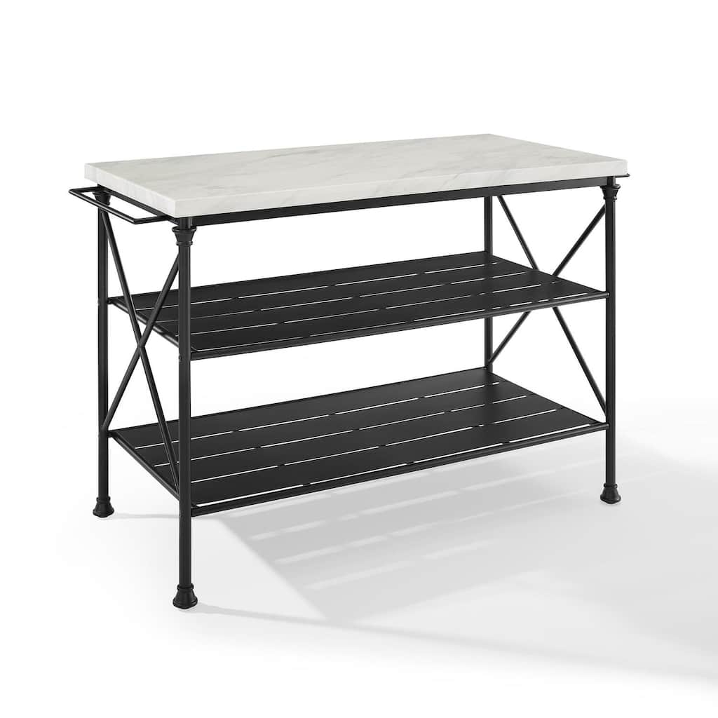 Industrial Style Matte Black Kitchen Island with Open Metal Shelves, Spacious Countertop, and Dining Space Option