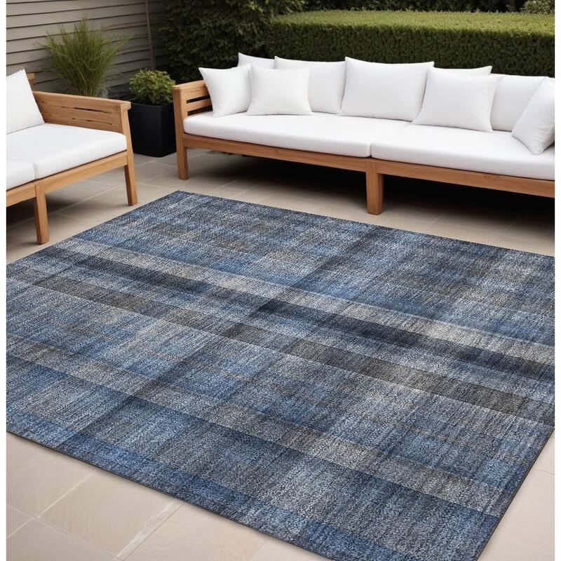 Sax Plaid Weather Resistant Blended Style Outdoor Rug - 8' X 10' - Blue