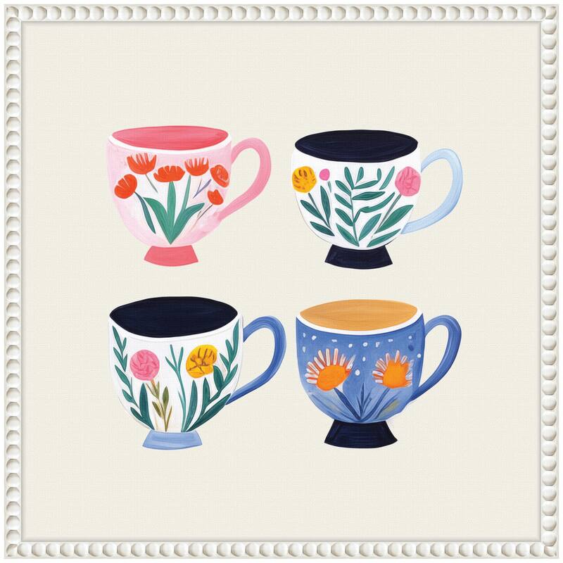 Kate and Laurel Sylvie Botanical Coffee Shop Tea Cups 4 Cups Framed Canvas by The Creative Bunch Studio