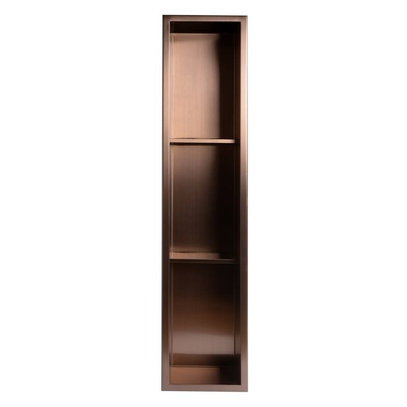 ALFI brand 8" x 36" Brushed Copper PVD Stainless Steel Vertical Triple Shelf Shower Niche - Mahogany