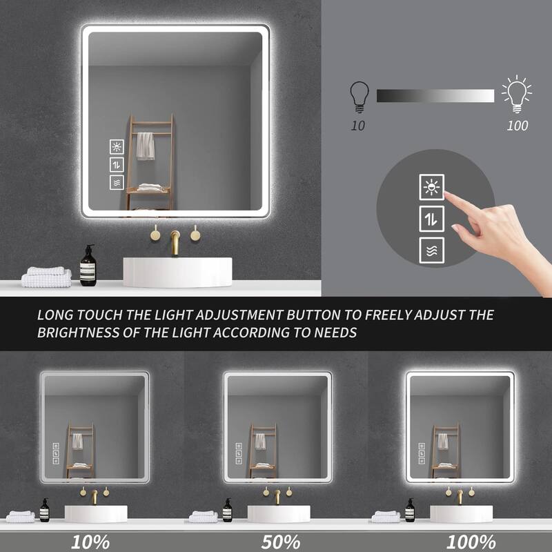 36 x 36 in LED Bathroom Mirror, Anti-Explosion Glass, Rust-Resistant, Anti-Fog Features, Tri-Color Changing - Silver