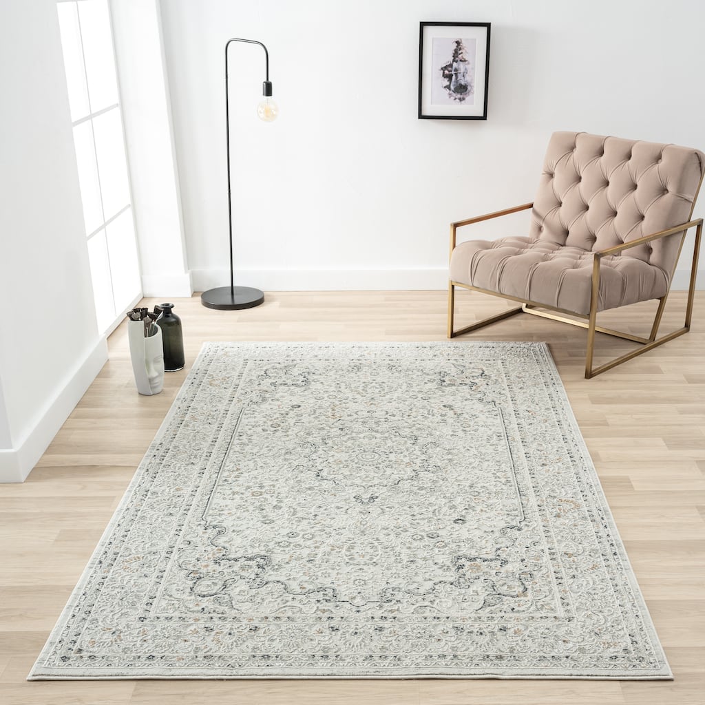 Sevita Carved Transitional Medallion Polyester-Blend Area Rug, Ivory and Gray