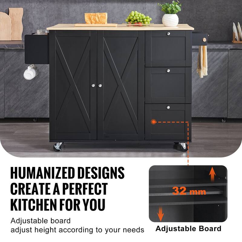 Black Wooden Kitchen Rolling Island Storage Cart with 2 Cabinet Doors and 2 Adjustable Shelves - 56x27x39 inch