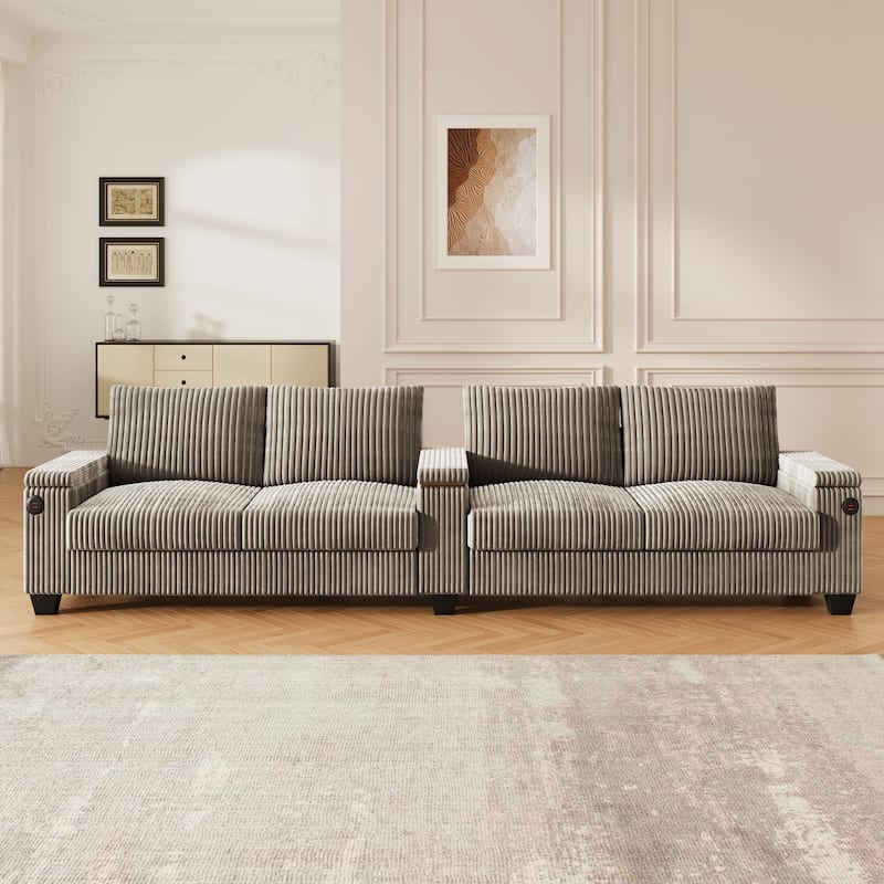 4-Seater Modern Corduroy Sofa Couch with USB Ports, Hidden Storage, and Flip-Top Cup Holders