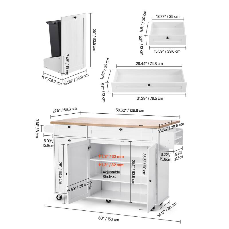 60" Kitchen Island Cart Rolling Storage Cabinet Table with Drawer Drop Leaf