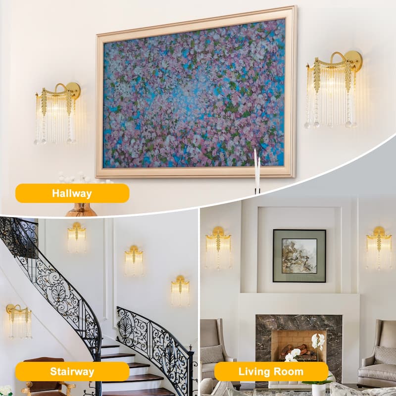 Crystal Wall Sconce Leaf Accents Clear Glass Rod Hanging Crystal Balls