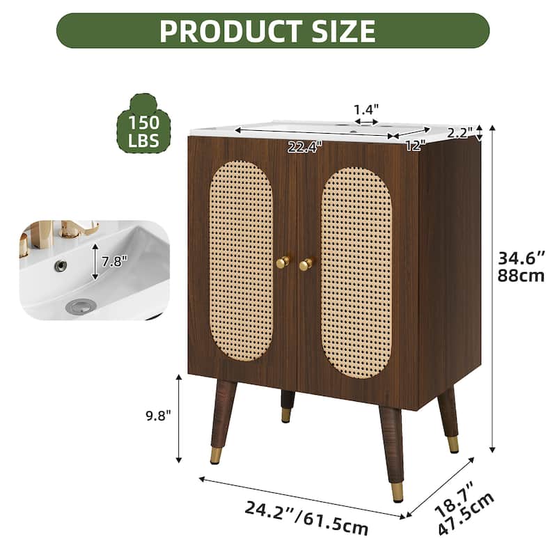 24" Rattan Boho Bathroom Vanity with Sink