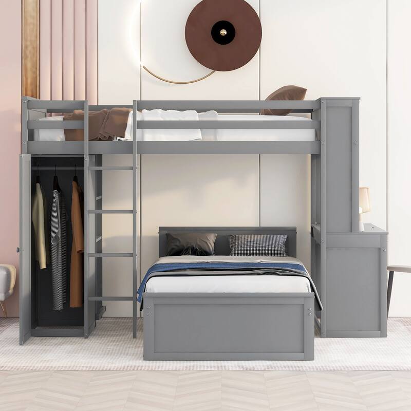 Loft Bed with a Stand-alone bed, Shelves, Desk and Wardrobe