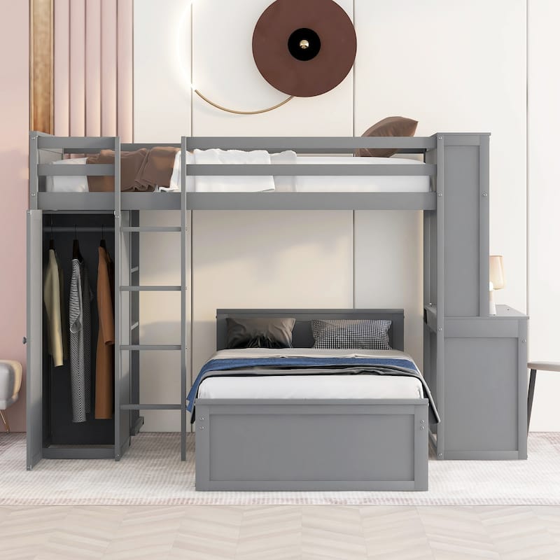 Twin size Loft Bed with a Stand-alone bed, Shelves,Desk,and Wardrobe