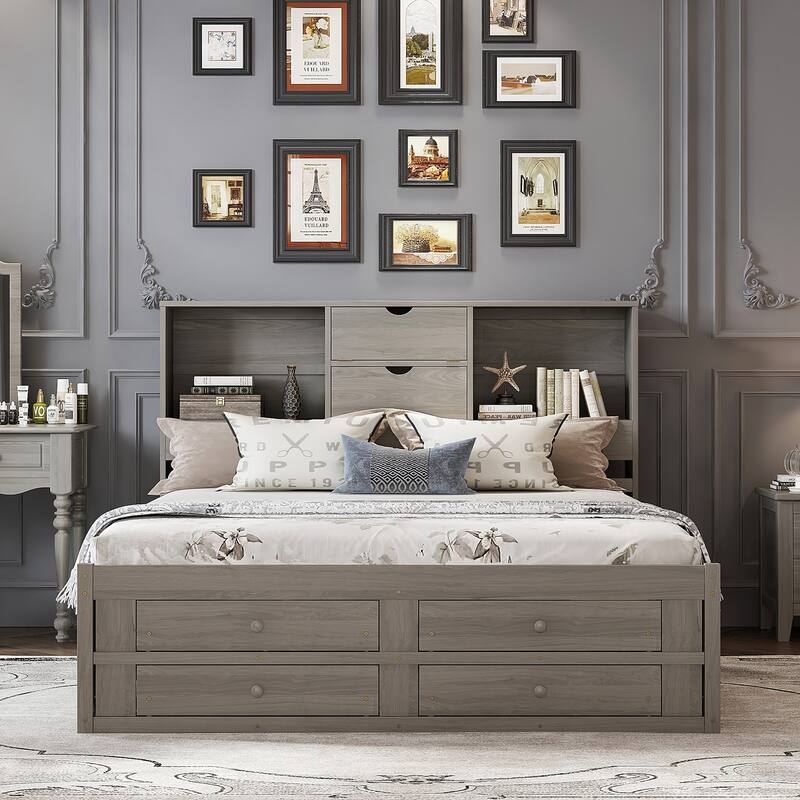 Gray King Size Modern Wooden Bed with Storage Headboard and 8 Drawers