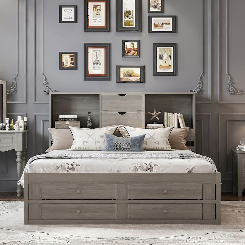 Solid Pinewood Platform Bed Frame with Storage Headboard and 8 Drawers - Gray - King