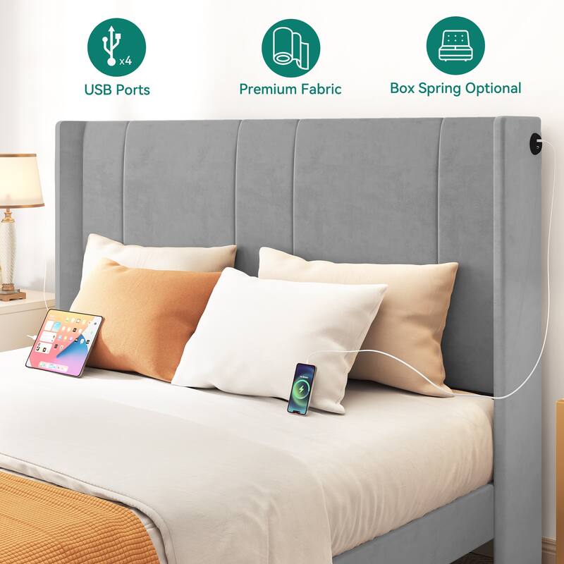 Queen Upholstered Bed Frame with Storage Drawers Headboard Built-in 4 USB Platform Bed