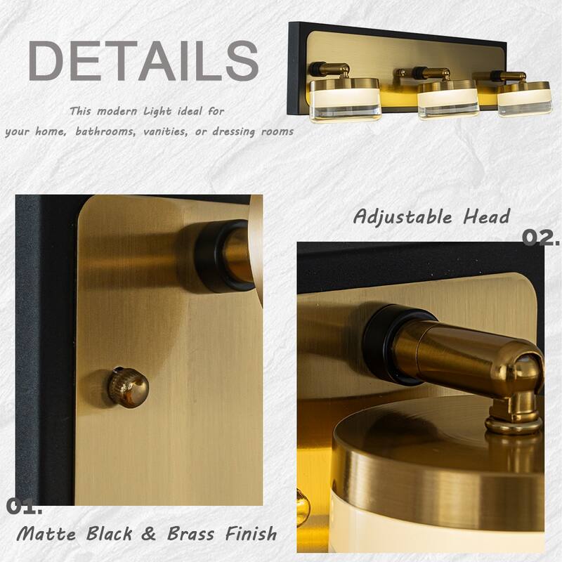 Modern Square Black and Brass Integrated LED Wall Sconce with White Acrylic Shade Adjustable Head Bathroom Vanity Light