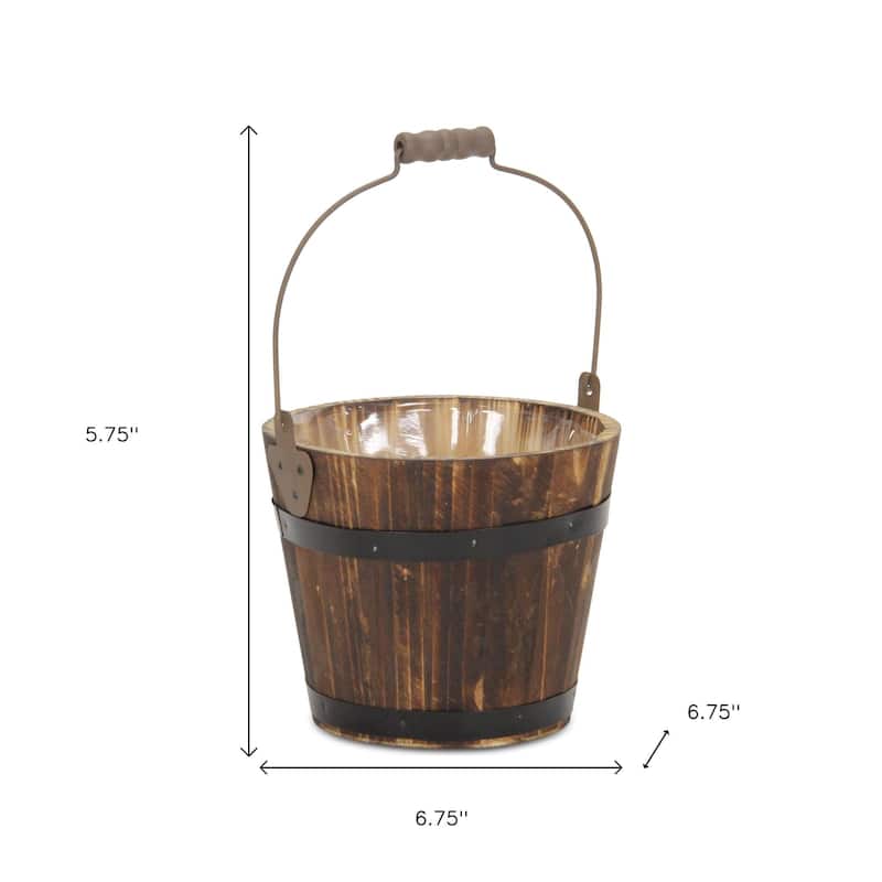 HomeRoots Brown Wood 100 Ounce Round Distressed Bucket Planter - 6.75 in. x 5.75 in. x 6.75 in.