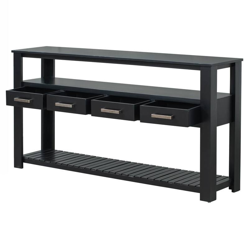 Entryway Table with 4 Drawers,Painted Console Table with 3-Tier Open Shelves and Metal Handles,Versatile Hallway Sofa Table