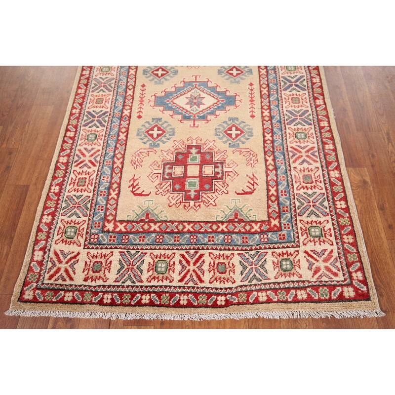 Oriental Kazak Foyer Rug Hand-Knotted Traditional Beige Wool Carpet - 3'4" x 4'7"