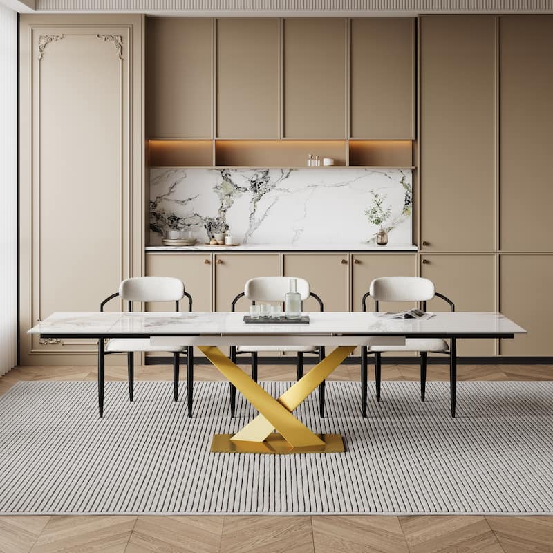 94.48" Modern Extendable Rectangular Sintered Stone Dining Table For 8 person - Chanell White&Space Gold