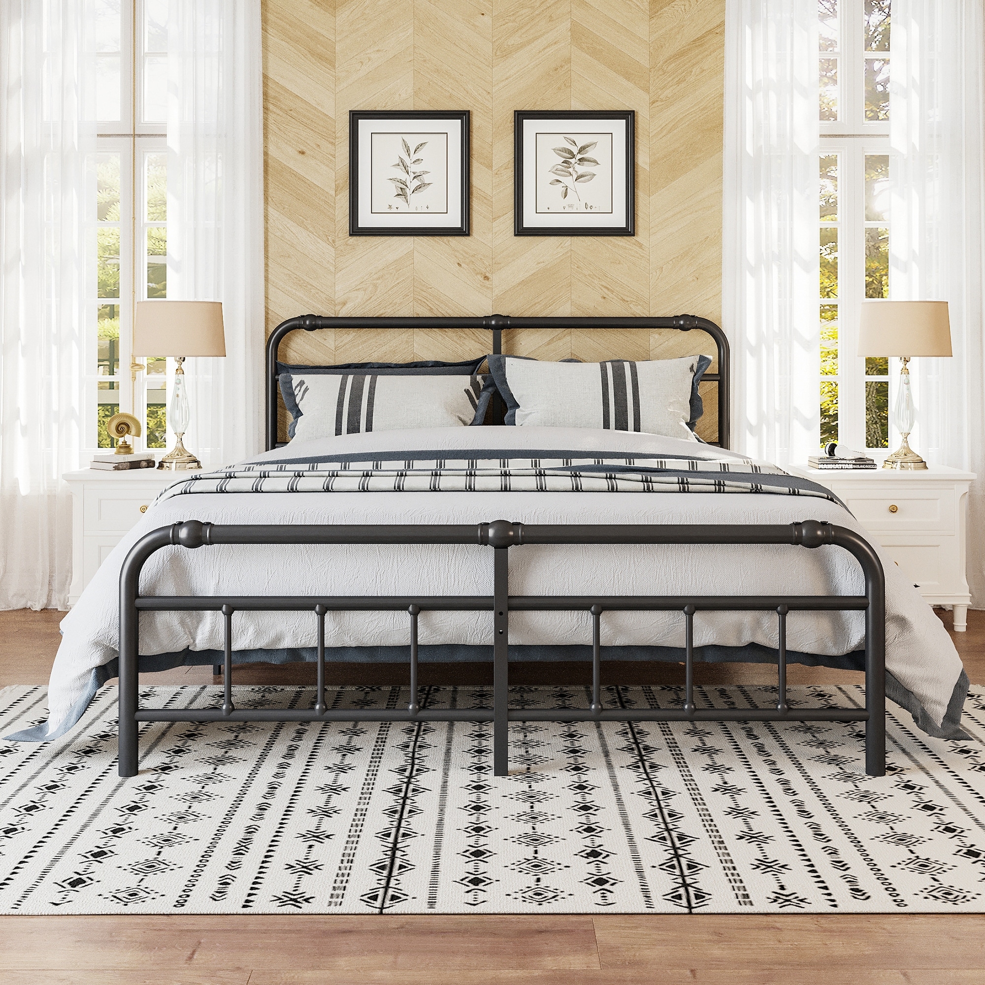 Metal Bed Frame with Victorian Style Wrought Iron-Art Headboard and Footboard