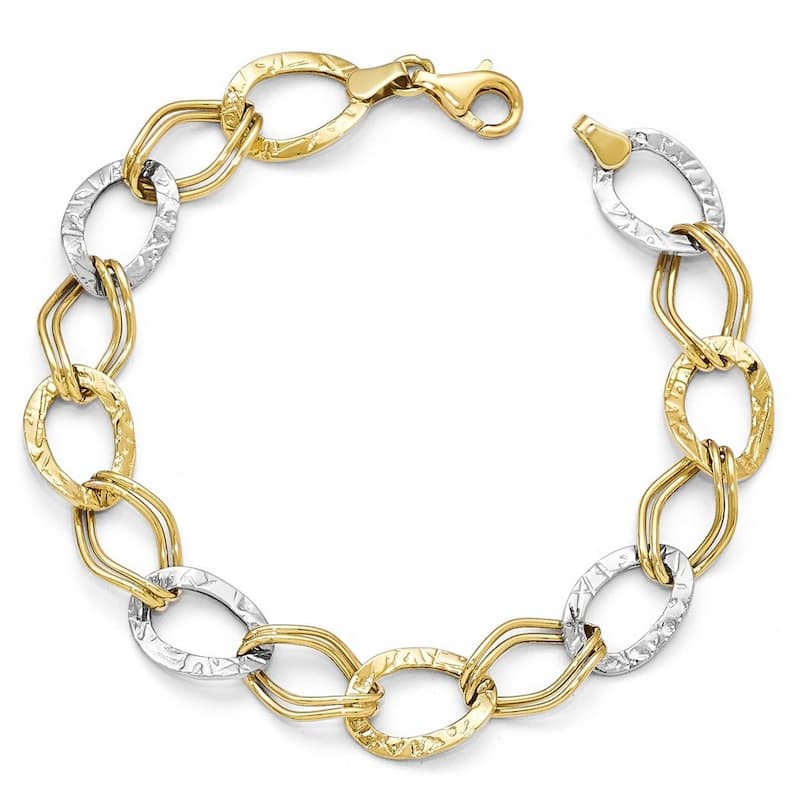Curata 10k Two Tone Gold 7.5" 10mm Hammered Textured Link Bracelet