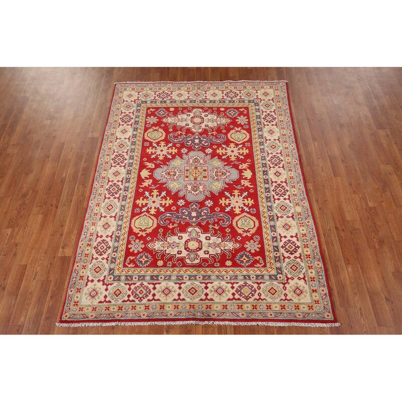 Red Geometric Kazak Area Rug Handmade Traditional Oriental Wool Carpet - 4'10" x 6'8"
