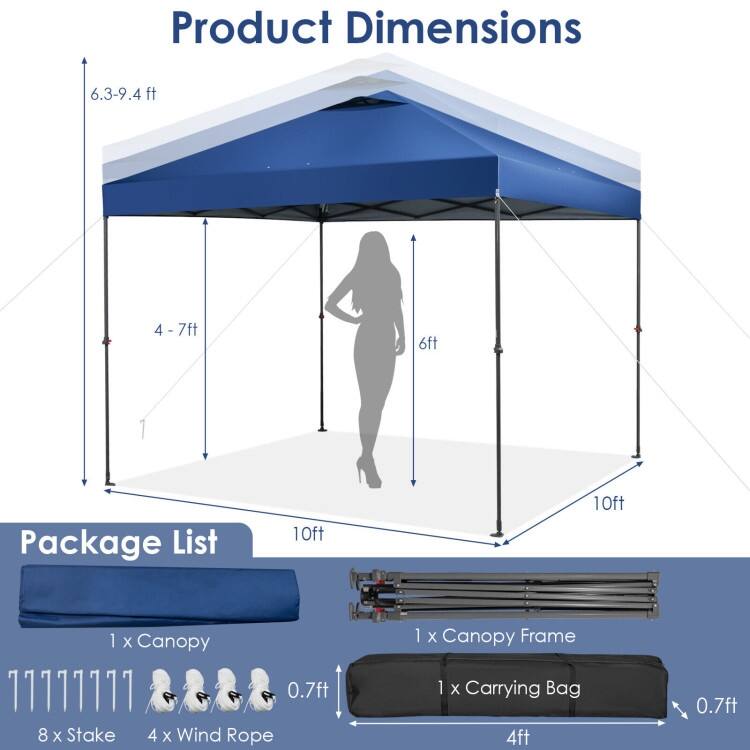 10 x 10 Feet Foldable Outdoor Instant Pop-up Canopy with Carry Bag - 10 x 10 x 6.3-9.4 ft