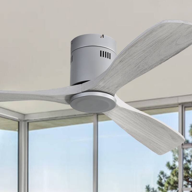 52'' Flush Mount Ceiling Fan with DC 3 Carved Wood Blades and Remote Control, without Light - 52''×52''×10.24''