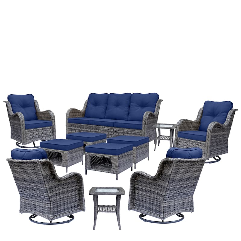 11 Piece Rattan Wicker Outdoor Patio Furniture with Swivel Chairs Set