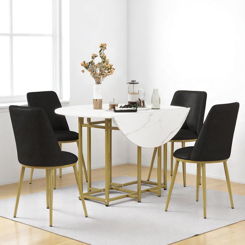 Modern Drop-Leaf 5-Piece Dining Set with Faux Marble Tabletop and Gold Metal Frame for Small Spaces