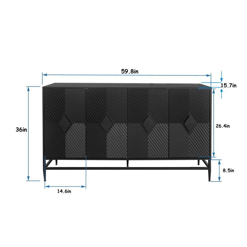 Modern Storage Sideboard with Diamond Handles and Adjustable Shelves, Matte Black Finish, 59.84" Length