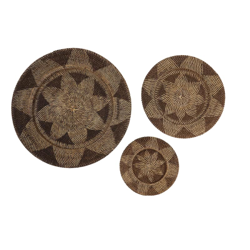 Rattan Plate Handmade Woven Floral Basket Home Wall Decor - Set of 3 Light Brown or Brown - Roche River Decor - Brown - 28", 20", 14"W