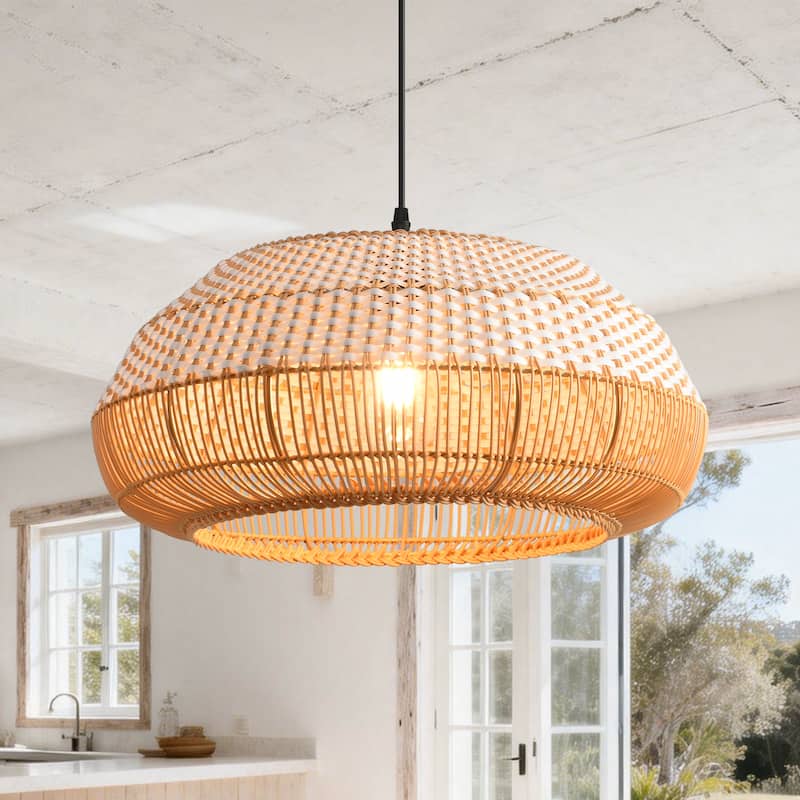 18.9" Boho White Hand Woven Rattan Caged Pendant Light for Kitchen Island, Dining Room and Living Room