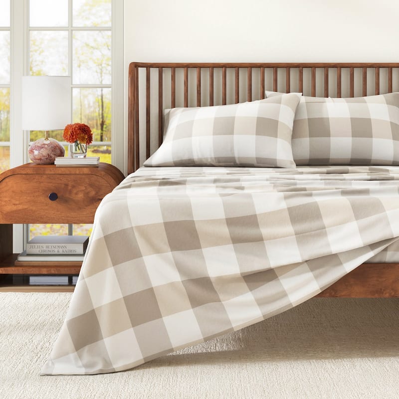 Linery & Co. Turkish Cotton Double-Brushed Printed Flannel Bed Sheet Set - Full - Buffalo Check - Taupe / Grey