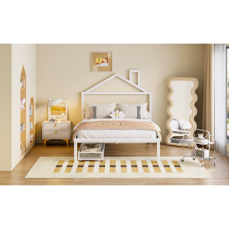 Full Size Metal Platform Bed with Two Drawers and House-Shaped Headboard