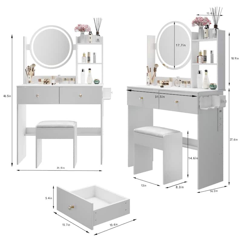 Modern Vanity Set with Touch LED Mirror, Built-in 2 AC Outlets, USB & Type-C Charging, Stool Included, Makeup Storage Desk