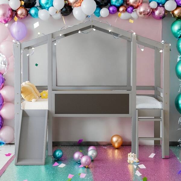 slide 2 of 18, Twin Size Loft Bed House Bed with Ladder and Slide with Blackboard and Light Strip on the Roof Grey