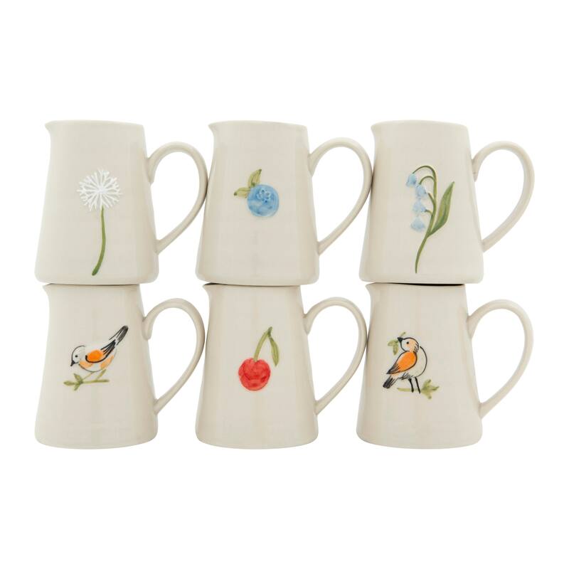 White Stoneware Creamer with Hand-Painted & Embossed Birds (Set of 6 Designs)