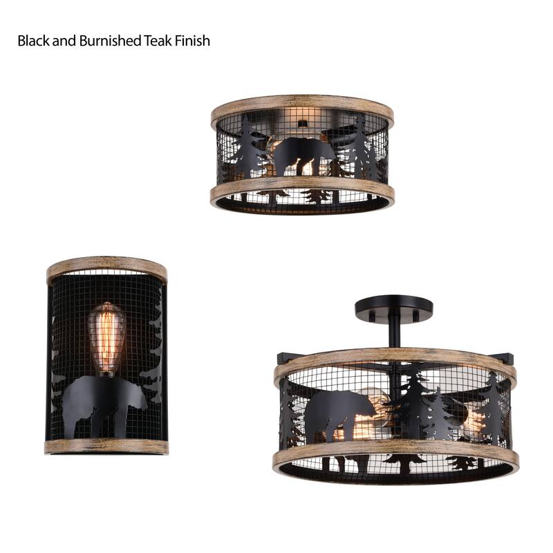 Kodiak 12-in W Black Rustic Round Cage Flush Mount Ceiling Light Fixture Tree Motif