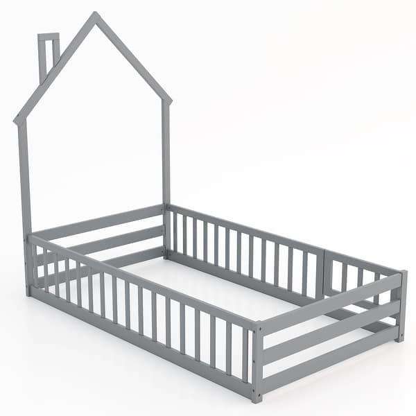 slide 2 of 20, Twin Size House Shape Floor Bed with Lockable Door and Full-Length Guardrail
