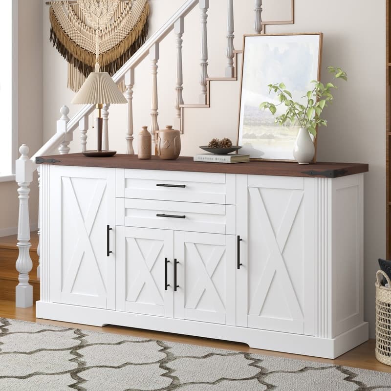 63" Farmhouse Buffet Cabinet with Storage Barn Door and Drawers for Kitchen or Dining Room Use - White