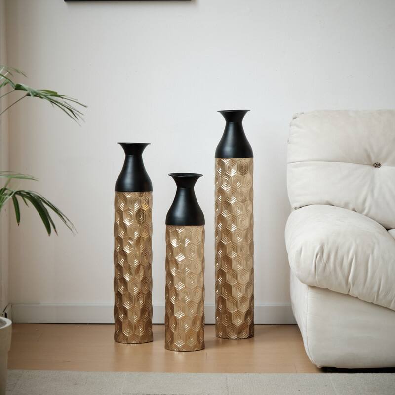 Set of 3 Glamorous Floor Vases, Gold & Black Textured Metal Cylinder Vases for Modern Home Decor (24.8", 29", 33.8" Heights)