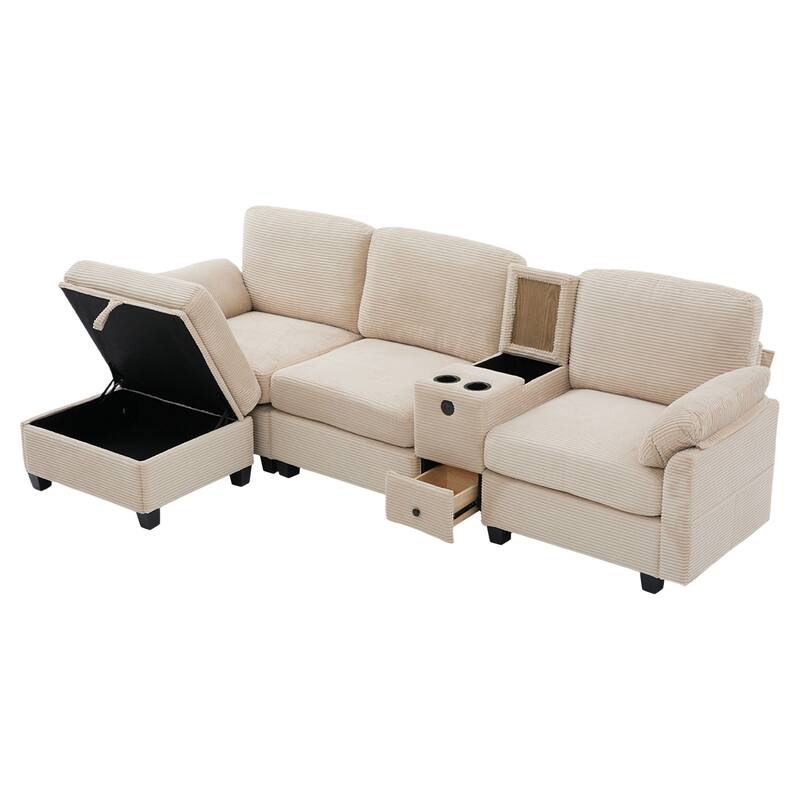 HOMEFUN Corduroy Upholstered L-Shaped 4-seater Storage Multifunctional Sectional Sofa with Storage Ottoman,Cup Holder and USB