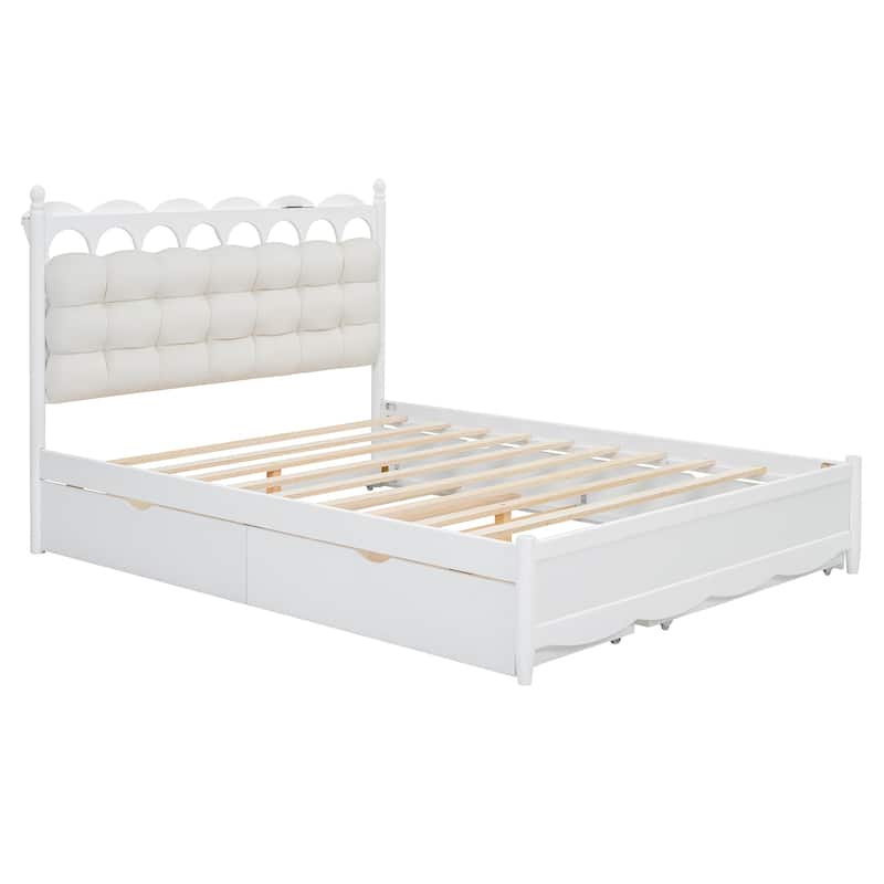 Queen Size Platform Bed with Twin XL Trundle, Wooden Storage Bed Frame with 2 Storage Drawers, One set of Sockets & USB Ports